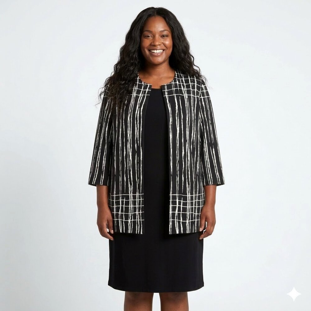 Ming Wang Black White Abstract Stripe Knit Jacket Tank Dress Set Size XL Classic